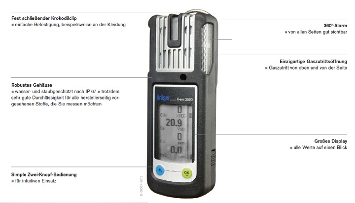 Détecteur de gaz Dräger X-am 2500 EX, O2, CO, H2S avec technologie de recharge